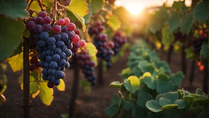 Naklejka premium Sunset Vineyard: Ripe clusters of red and blue grapes hang heavy on the vine in a picturesque vineyard bathed in the golden glow of the setting sun. The scene evokes a sense of tranquility and abundan