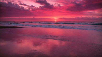 Fototapeta premium Fiery Sunset Over the Ocean: A breathtaking spectacle of a fiery sunset over a tranquil ocean, painting the sky in vibrant shades of pink and orange, with the sun dipping below the horizon. The image 