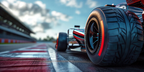 Obraz premium back rear wheel of Formula one racing car at start of race