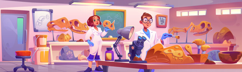 Naklejka premium Fossil lab interior with paleontology scientists. Cartoon vector illustration of female and male archaeologist characters work with dinosaur skulls and bones. laboratory for prehistoric era explorer.