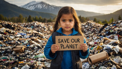 A young girl holding cardboard sign with text 'Save our planet' behind a pile of rubbish