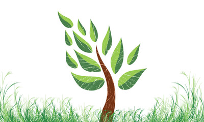 Green tree concept symbol design for nature care Vector Illustration with Grass