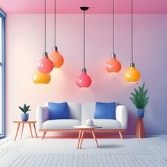 modern living room,a soft white background, adorned with delicate pendant lights - obrazy, fototapety, plakaty