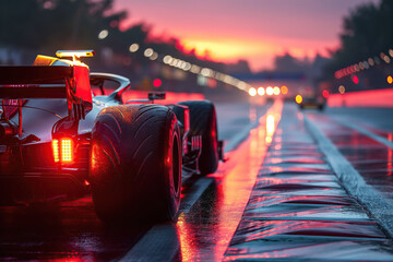 Obraz premium back light of black formula one racing car on start race at evening