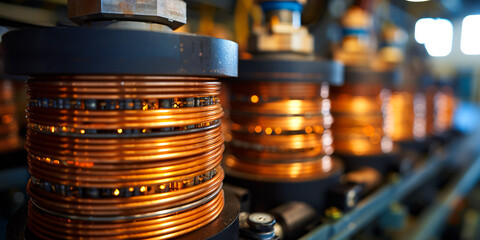 Macro view of industrial electricity components. focusing on copper wires and technology engineering