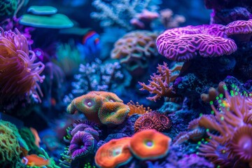 A thriving aquarium with diverse colored corals creating a vivid underwater display