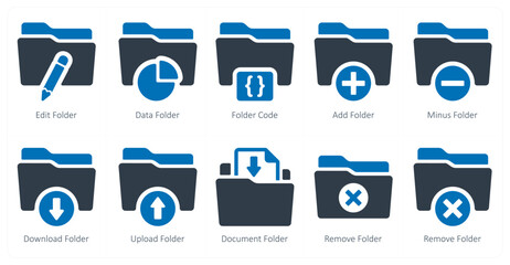 A set of 10 Folder icons as edit folder, data folder, folder code