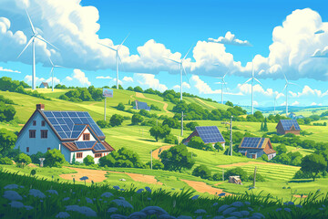 Renewable Energy Landscape is an idyllic rural landscape with houses equipped with solar panels against a backdrop of hills dotted with wind turbines under a clear blue sky. Concept for sustainable li - 794784848