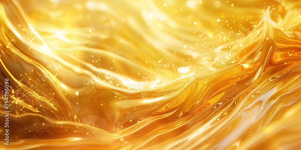 Poster golden fluid art with sparkles and swirls creating an elegant background.