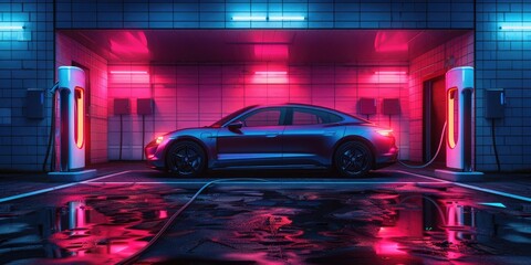 Retro-futuristic electric car charging in a neon-lit station, blending vintage style with modern technology