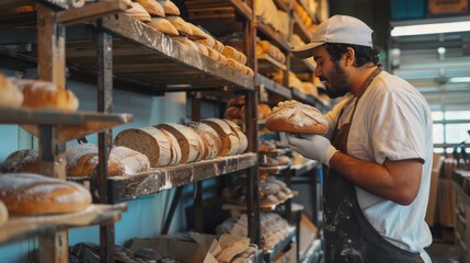 A baker pulls freshly baked bread from an industrial oven, filling the bakery with aroma