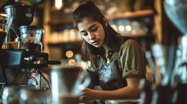 A barista crafts artisan coffee in a trendy cafe, displaying skill and creativity