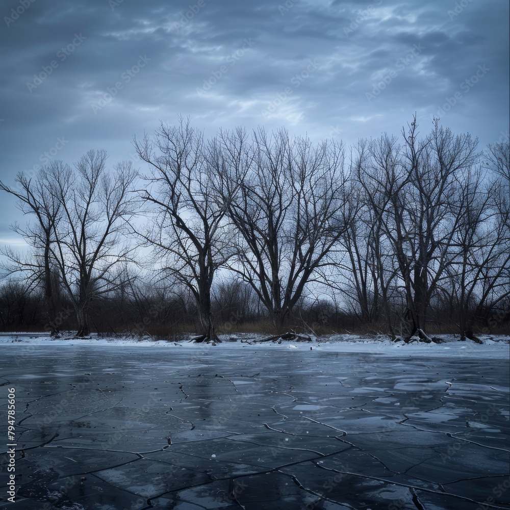 Canvas Prints A desolate scene of a frozen lake with trees in the background