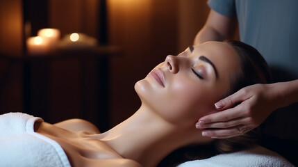Obraz na płótnie Canvas A woman relaxes in a spa, enjoying a massage treatment for total wellness