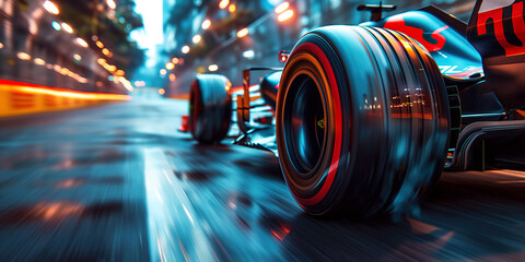 Obraz premium back wheel of black formula one racing car fast driving on race track close up. Motion blur