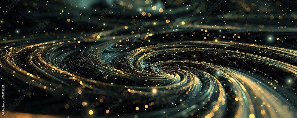 Poster golden swirls with sparkling particles create a mesmerizing abstract background.