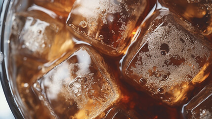 A close up of a glass of cola with ice cubes. - obrazy, fototapety, plakaty