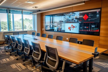 A state-of-the-art conference room with a large screen on the wall, surrounded by a table and chairs equipped with digital presentation tools