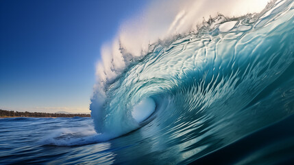 A towering ocean wave forms a sculptural arc against a pristine blue sky. - obrazy, fototapety, plakaty