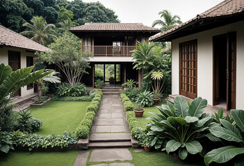 Tropical architecture style house with garden. - obrazy, fototapety, plakaty