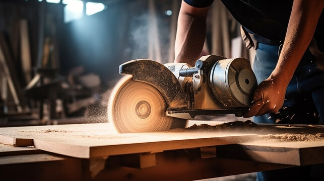 A carpenter is using a circular saw to cut a piece of wood in his workshop.