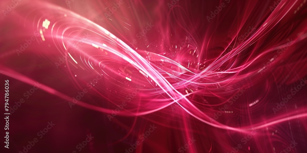 Poster vibrant red abstract swirls with dynamic lines and particles.