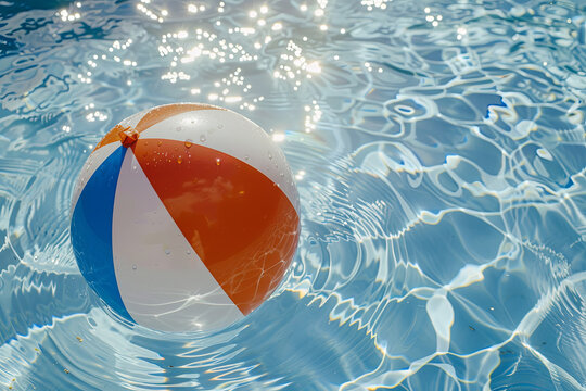 Inflatable beach ball floating in a swimming pool, evoking carefree summer leisure, unwinding, and enjoyment under the warm sun