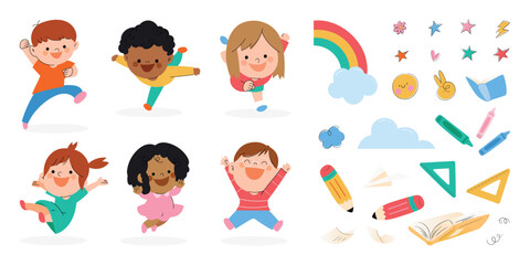 Cute kids with school supplies vector. Set for children characters design in different poses, Happy and smile people. back to school vector illustration.
