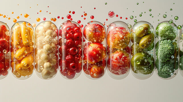 Commercial photography, close up of four capsules filled with fruits and vegetables flying in the air, levitation,white lighting, studio light, 8k, octane rendering, high resolution photography, insan