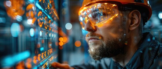 Close-up of an engineer using augmented reality to inspect electric vehicle battery modules in a state-of-the-art manufacturing facility