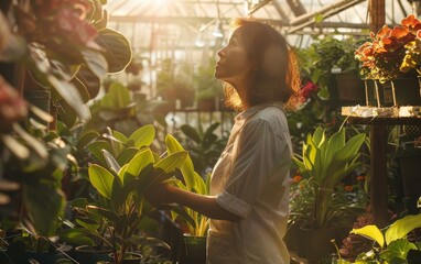 A woman works in a garden center among plants. Generative AI