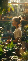 A woman works in a garden center among plants. Generative AI