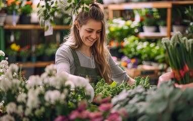 A woman works in a garden center among plants. Generative AI