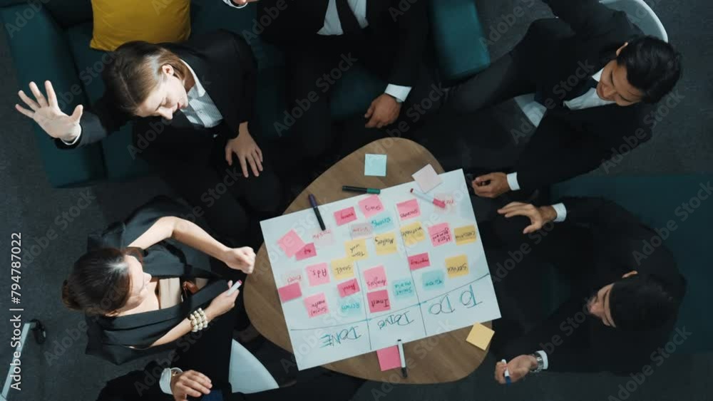Poster top down aerial view of people putting hands together and clapping hands to celebrate successful pro