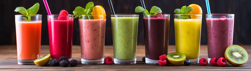 A variety of fruit smoothies in glasses on a wooden table.