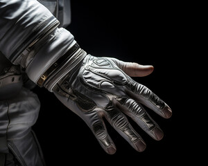 An astronaut's gloved hand against a black background.