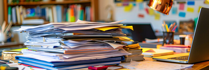 Messy office desk with piles of paperwork, showcasing workload and organization challenges - obrazy, fototapety, plakaty