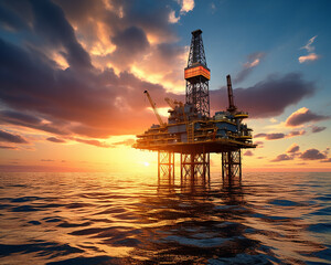 An oil rig in the ocean at sunset. - obrazy, fototapety, plakaty