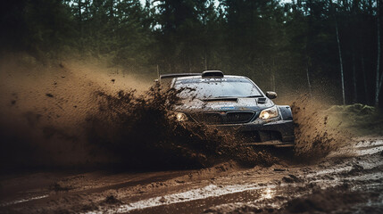 Car is covered in mud while rally racing through a forest.