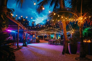 A lively patio adorned with colorful lights and surrounded by tall palm trees at an open-air venue during evening festivities