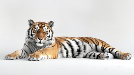 Siberian tiger full body lying down posture isolated on white background created with Generative AI Technology