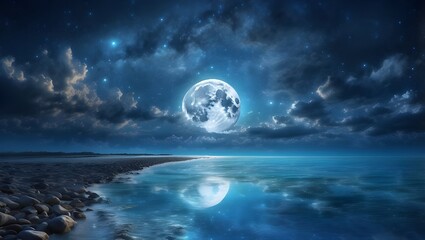Naklejka na ściany i meble Romantic Moon Over Sparkling Blue Water With Clouds And A Starry Sky