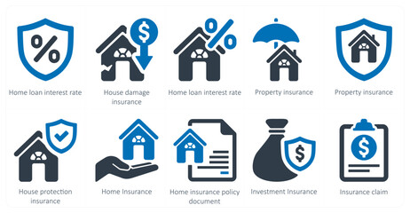 A set of 10 Insurance icons as home loan interest rate, house damage insurance, property insurance