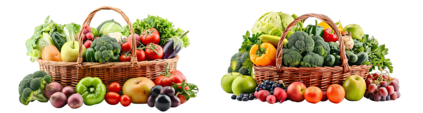Collection of PNG. Assorted Organic Vegetables and Fruits in Wicker Basket Isolated on A Transparent Background.