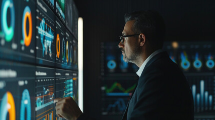 photograph of a middle age business man, working with data graph, on a large screen