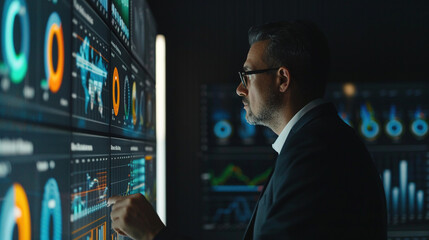 Obraz premium photograph of a middle age business man, working with data graph, on a large screen