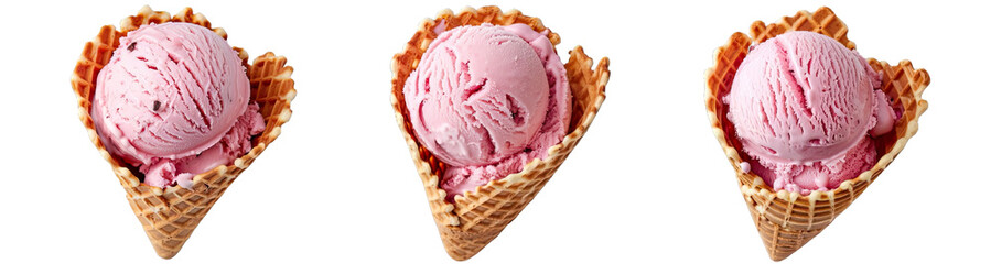 Collection of PNG. Ice Cream Scoop on Waffle Cone Isolated on A Transparent Background.
