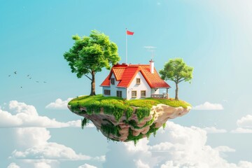 Surreal island and house floating in the air