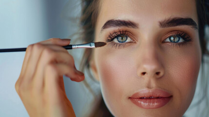 close-up face of beautiful young woman applying mascara eyebrow makeup cosmetics with beauty brush on plain background created with Generative AI Technology