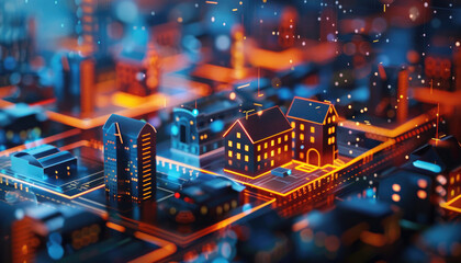 A cityscape with buildings lit up in orange and blue by AI generated image